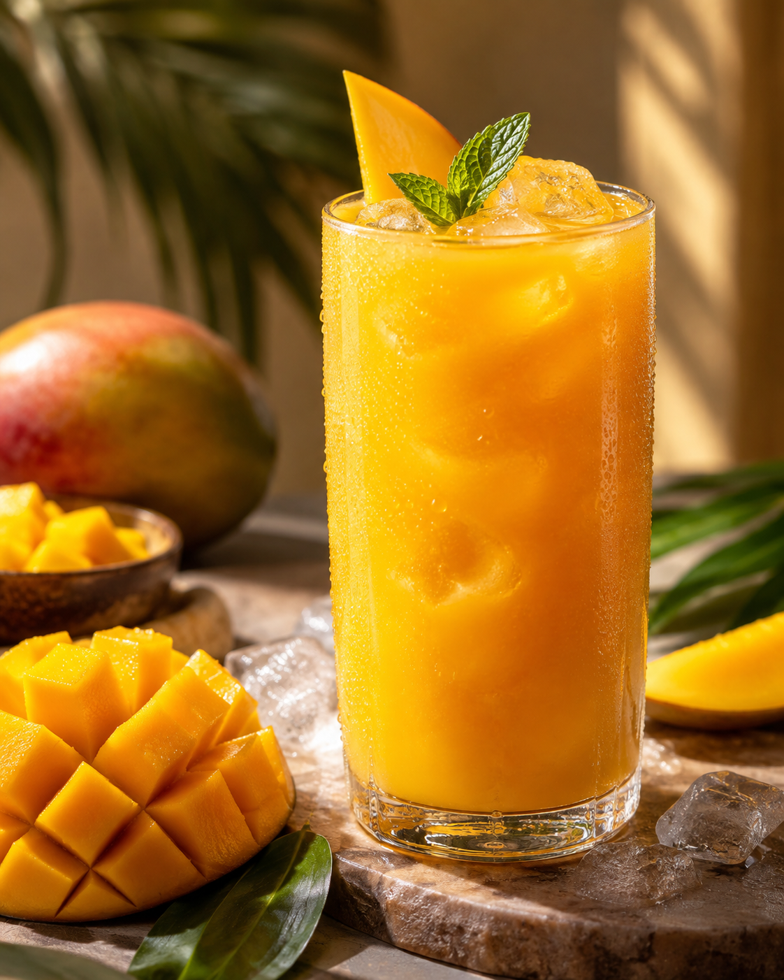 Vaso de bebida de mango con trozos de mango fresco