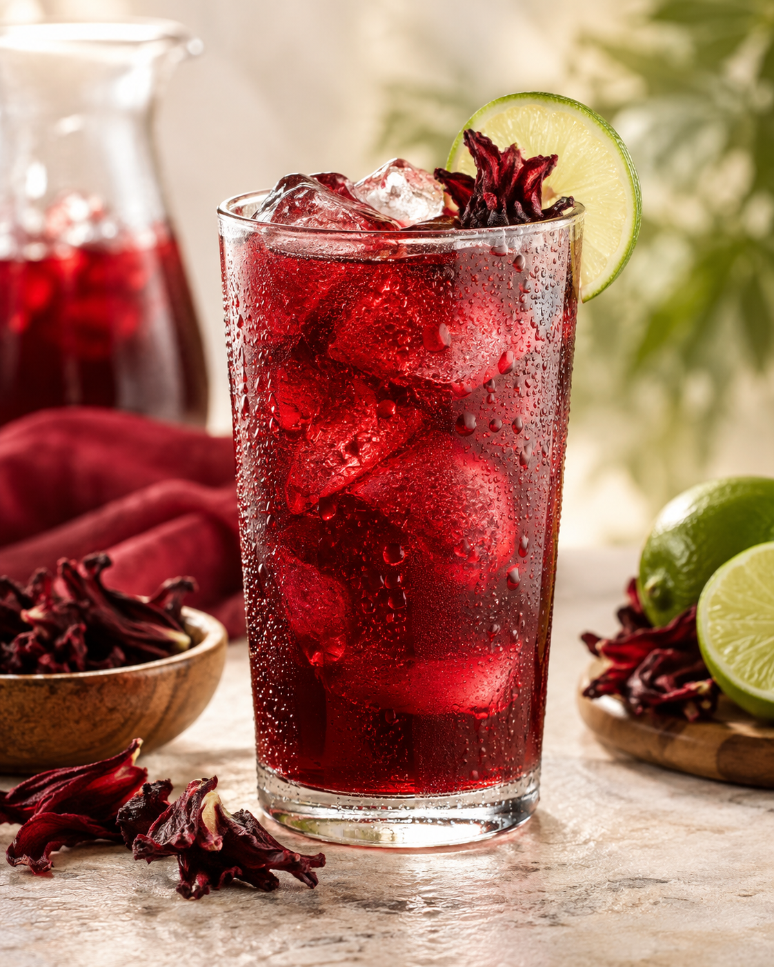 Vaso de bebida de jamaica con hielo y flores de jamaica