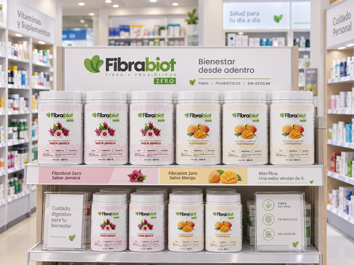 Botes de Fibrabiot acomodados en el anaquel de una farmacia